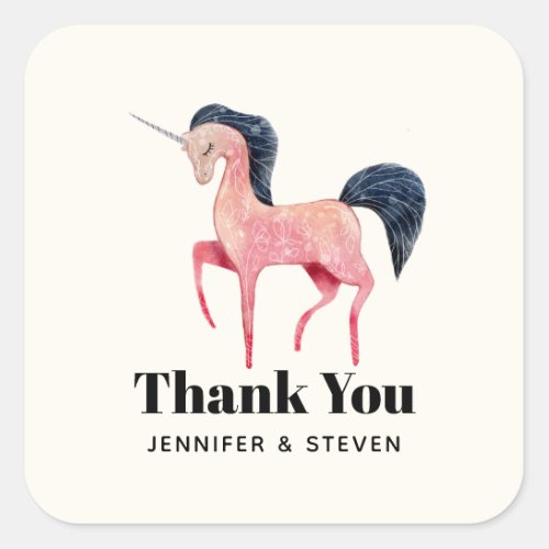 Pink Nordic Unicorn with Black Mane Thank You Square Sticker