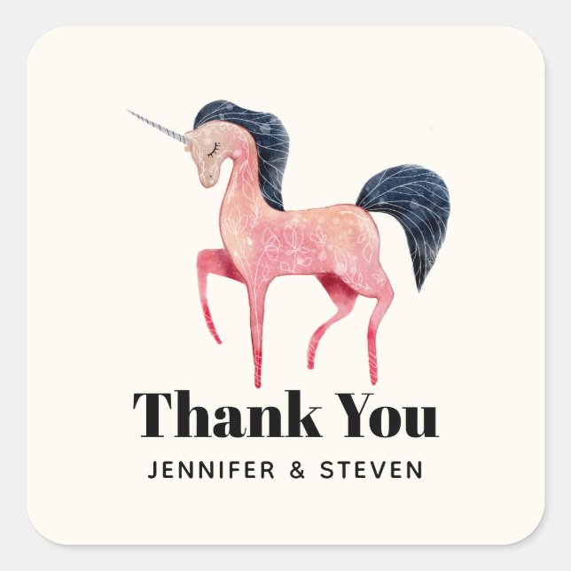 Pink Nordic Unicorn with Black Mane Thank You Square Sticker (Front)