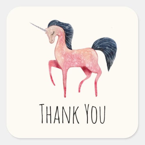 Pink Nordic Unicorn with Black Mane Thank You Square Sticker