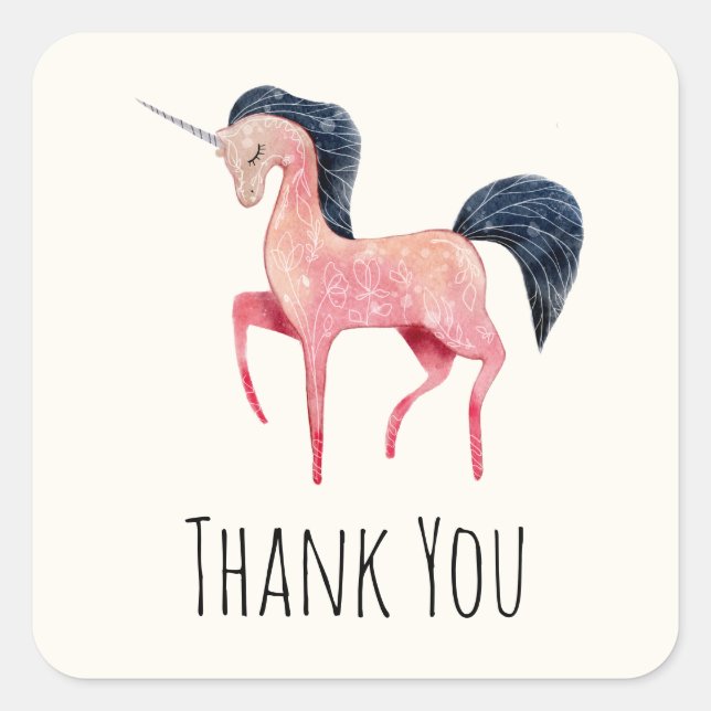 Pink Nordic Unicorn with Black Mane Thank You Square Sticker (Front)