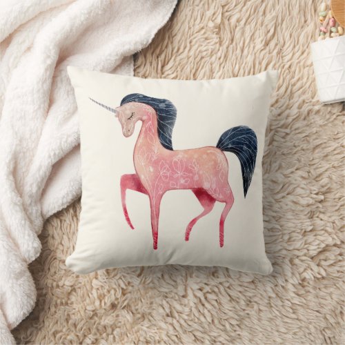 Pink Nordic Unicorn with Black Mane Throw Pillow