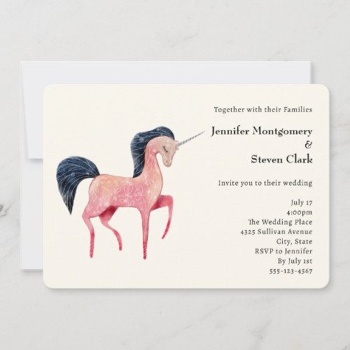 Pink Nordic Unicorn with Black Mane Wedding Invitation