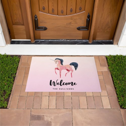 Pink Nordic Unicorn with Black Mane Welcome Doormat