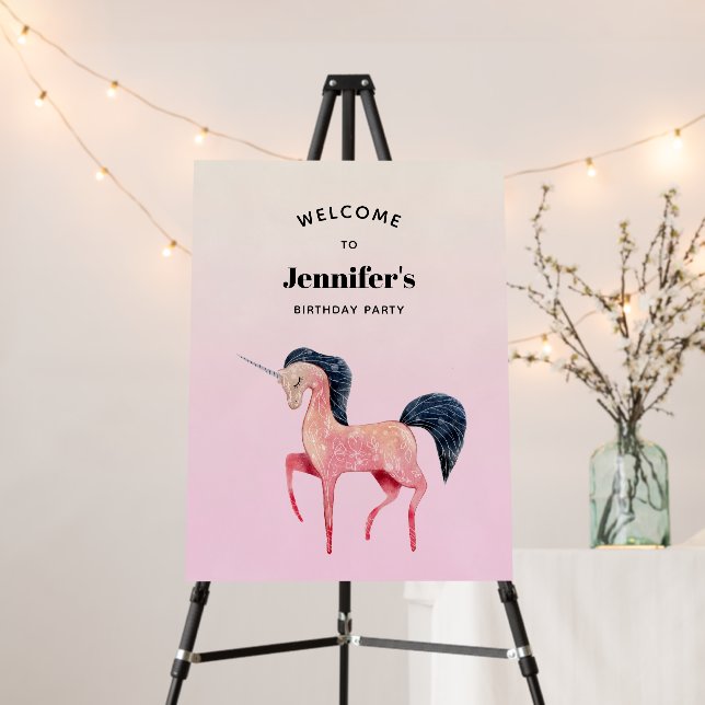 Pink Nordic Unicorn with Black Mane Welcome Foam Board (In Situ (Stand))