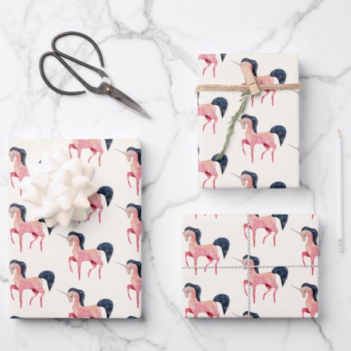 Pink Nordic Unicorn with Black Mane Wrapping Paper Sheets