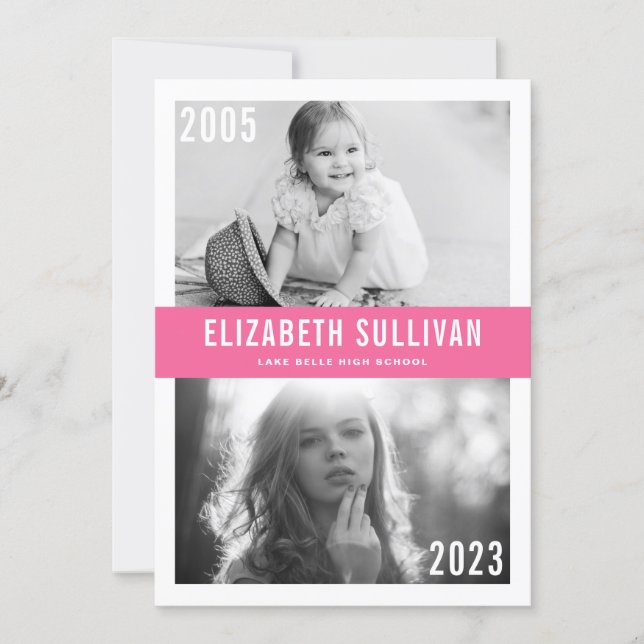 Pink Now and Then Photo Collage Graduation Invitation (Front)