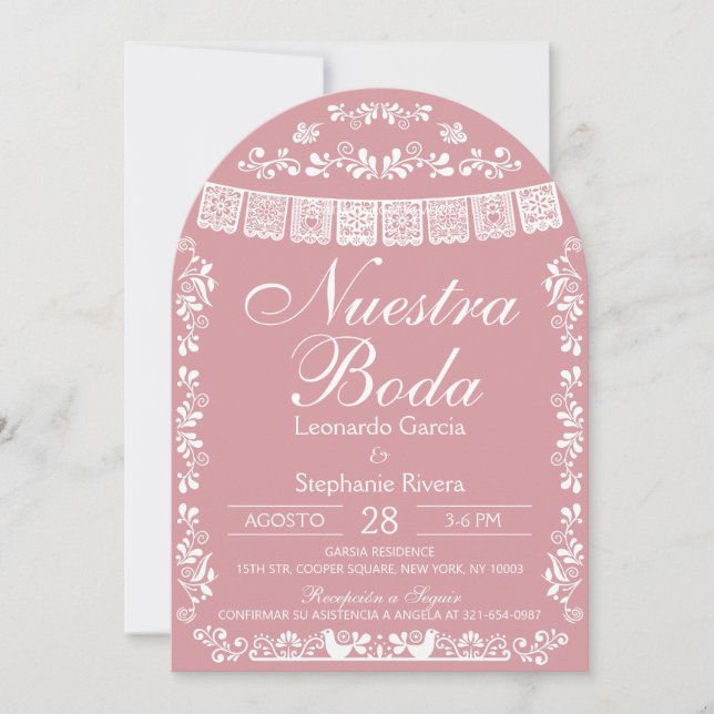Pink Nuestra Boda Papel Picado Spanish Wedding Invitation (Front)