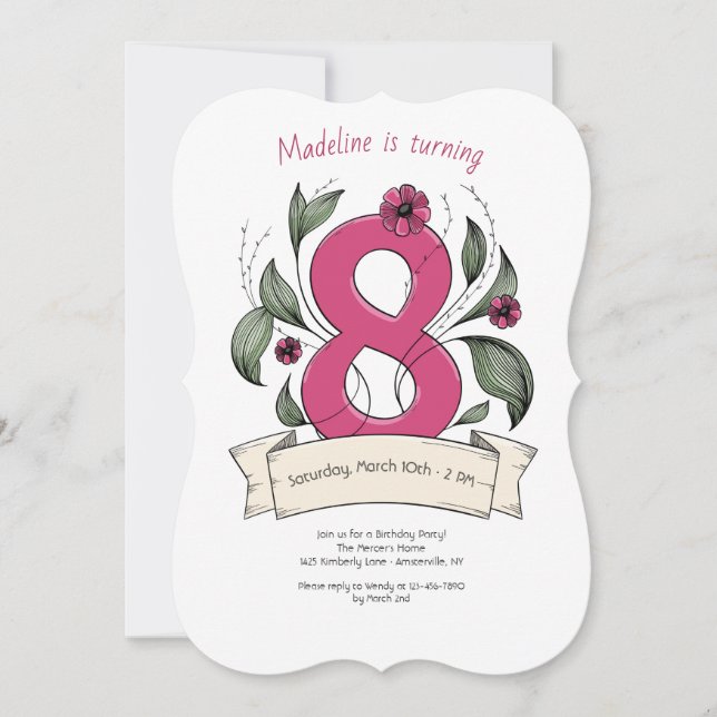 Pink Number 8 Birthday Party Invitation (Front)