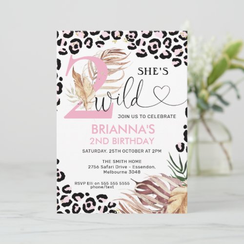 Pink Number Foliage Safari Two Wild Birthday Invitation