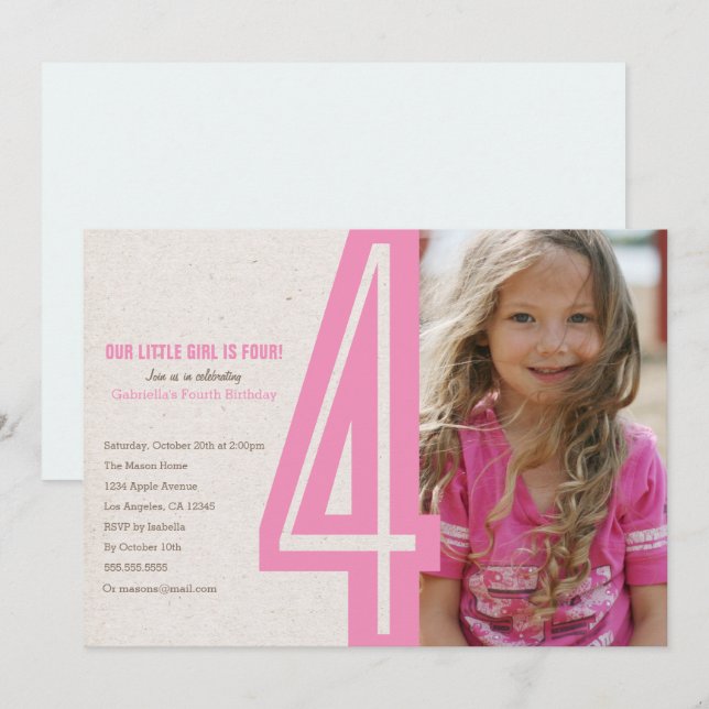 Pink Number Four Birthday Party Invitation (Front/Back)