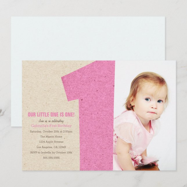 Pink Number One First Birthday Party Invitation (Front/Back)