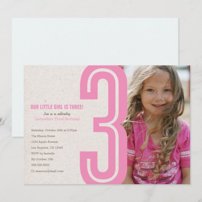 Pink Number Three Birthday Party Invitation (Front/Back)