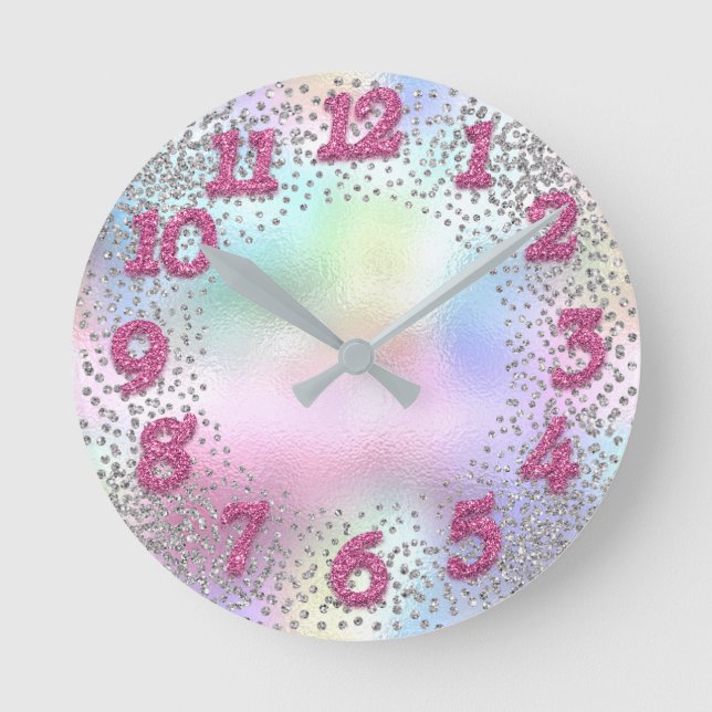 Pink Numbers  Unicorn Glitter Holograph Round Clock (Front)
