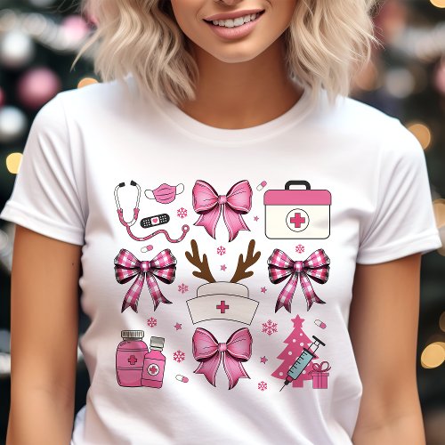 Pink Nurse Christmas Medical Holiday Coquette Bows Tri_Blend Shirt