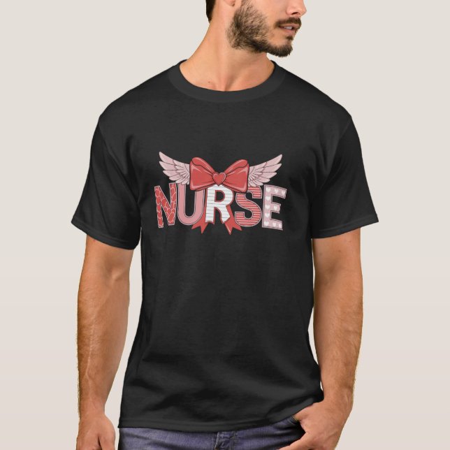 Pink Nurse Coquette Bow Stethoscope Nursing Valent T-Shirt (Front)