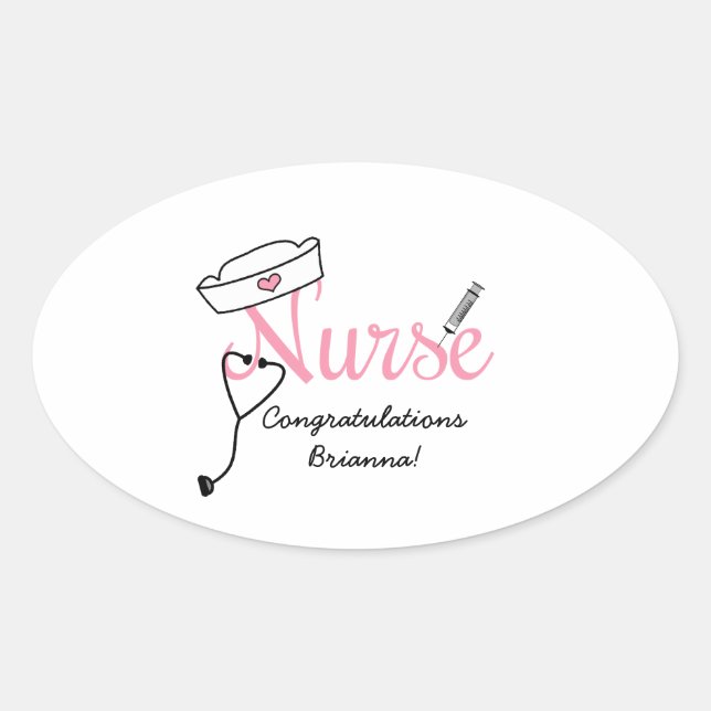 Pink Nurse graduation favor stickers with name (Front)
