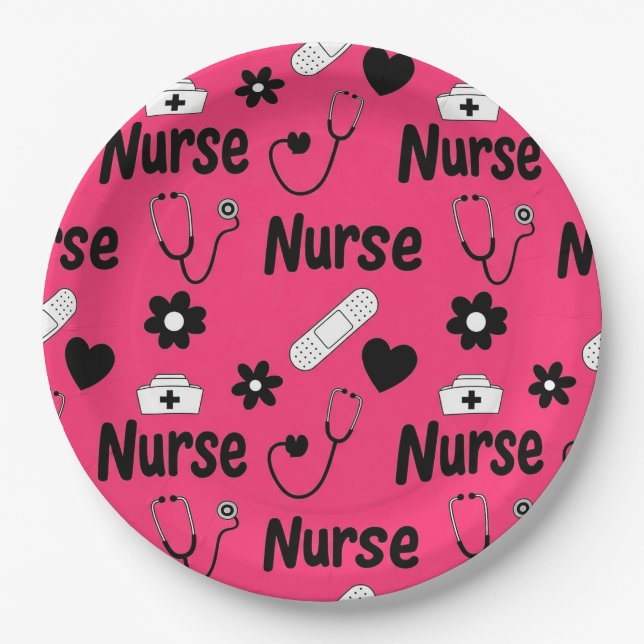 Pink Nurse Life Seamless Pattern (2) Paper Plates (Front)