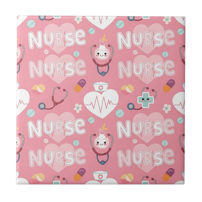 Pink Nurse Life Seamless Pattern (4) Ceramic Tile (Front)