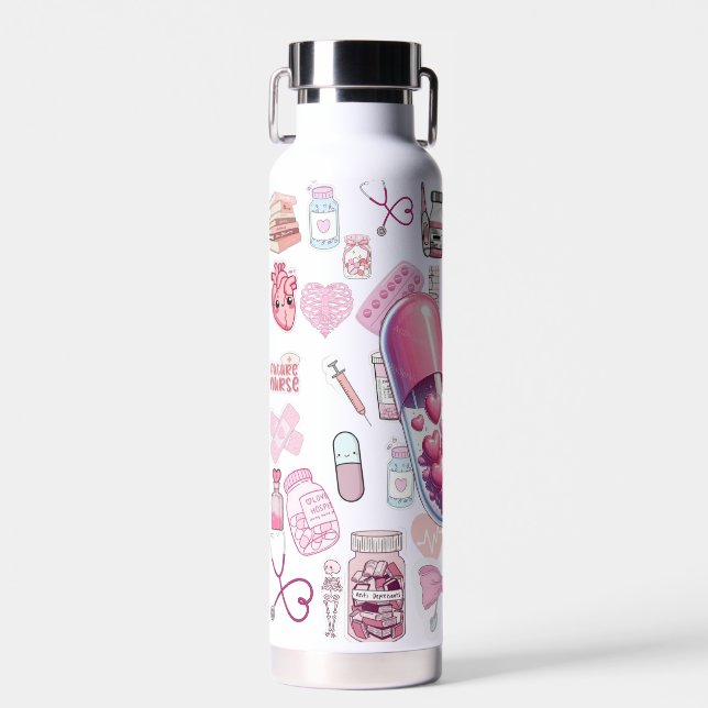 Pink Nurse Medical Icons Pattern Water Bottle (Front)
