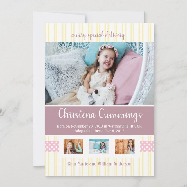 Pink Nursery Stripes Adoption Announcement (Front)