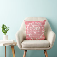 Pink Nursery Wreath Stripe Baby Girl Birth Stats Throw Pillow