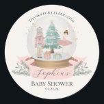 Pink Nutcracker Baby Shower Favors Classic Round Sticker<br><div class="desc">Celebrate the arrival of your little sugar plum with this magical Pastel Pink Nutcracker baby shower collection. This delightful printable party decor captures the magic of a Christmas Winter Wonderland theme, perfect for your girl's special day. Instantly downloadable, the designs features a whimsical array of Sugar Plum holiday decorations, infusing...</div>