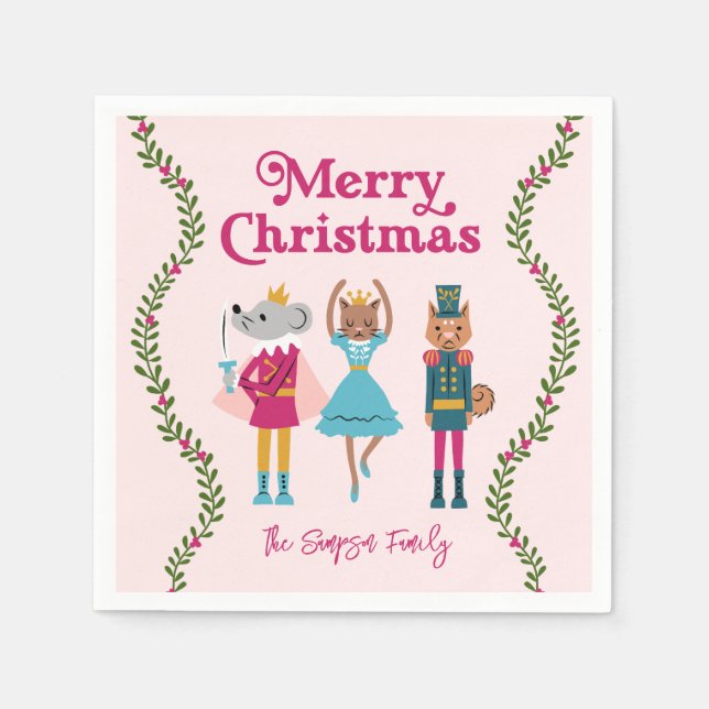 Pink Nutcracker Ballet Christmas Napkins (Front)