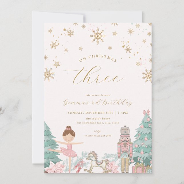 Pink Nutcracker Ballet Third Birthday Invitation (Front)
