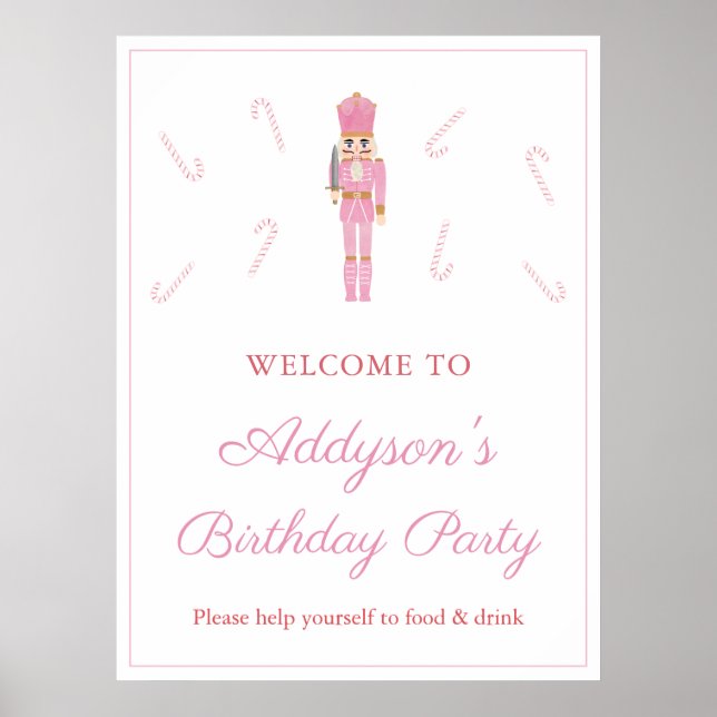 Pink Nutcracker Candy Canes Birthday Party Welcome Poster (Front)