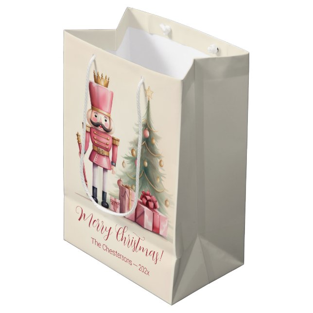 Pink Nutcracker Christmas Medium Gift Bag (Front Angled)
