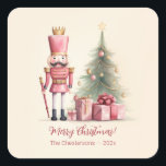 Pink Nutcracker Christmas Square Sticker<br><div class="desc">Look at this pink Nutcracker standing on Christmas Eve next to a lovely decorated holiday tree and pink bow-tied presents. The scene is a vintage watercolor design. We think it is very cute and hope you agree. "Merry Christmas!" is the greeting. You can change it. Be sure to edit the...</div>