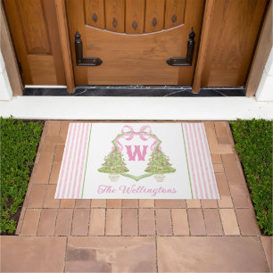 Pink Nutcracker Christmas Tree Monogram Crest Doormat