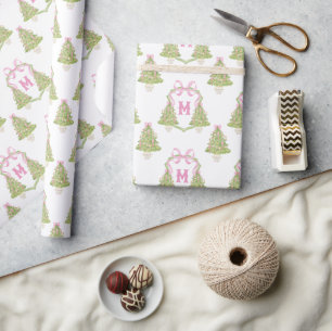 Pink Nutcracker Christmas Tree Monogram Crest Wrapping Paper