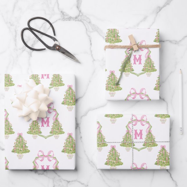 Pink Nutcracker Christmas Tree Monogram Crest Wrapping Paper Sheets (Front)