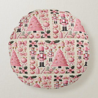 Pink Nutcracker Christmas Tree Round Pillow