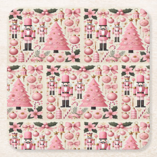 Pink Nutcracker Christmas Tree Square Paper Coaster