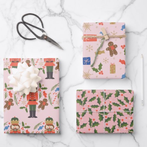Pink Nutcracker Gingerbread Man Christmas Holiday Wrapping Paper Sheets