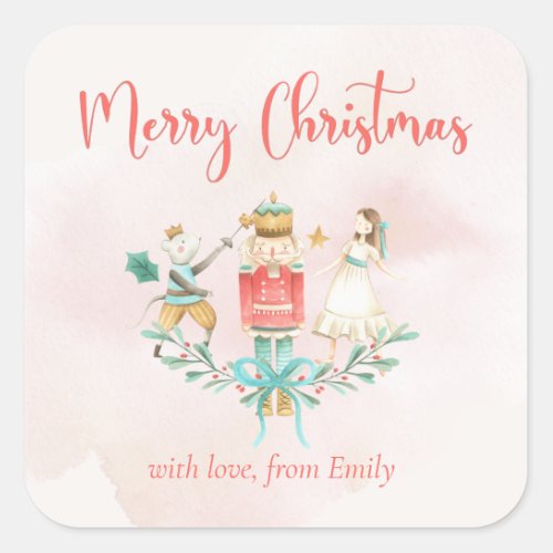 Pink Nutcracker Girl Gift Holly Christmas Holiday Square Sticker