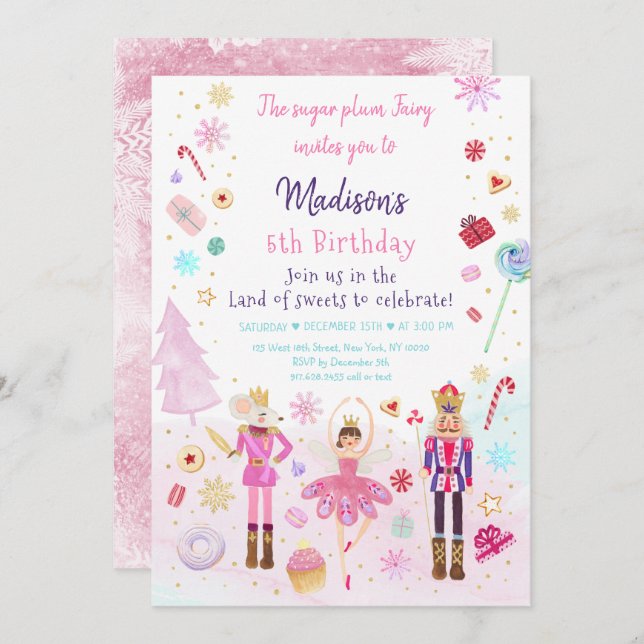 Pink Nutcracker Land of Sweets Winter Birthday Invitation (Front/Back)