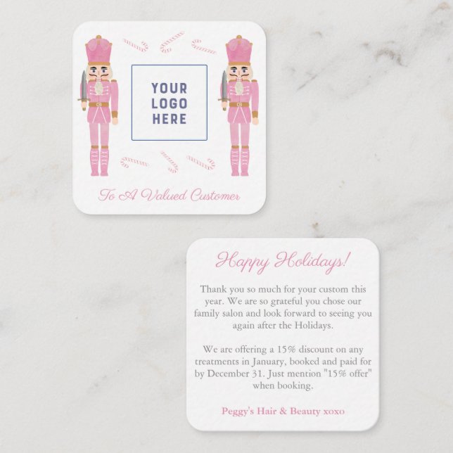 Pink Nutcracker Small Business Logo Christmas Note Card (Front/Back)