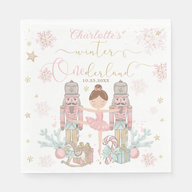 Pink Nutcracker Winter Onederland 1st Birthday Napkins (Front)