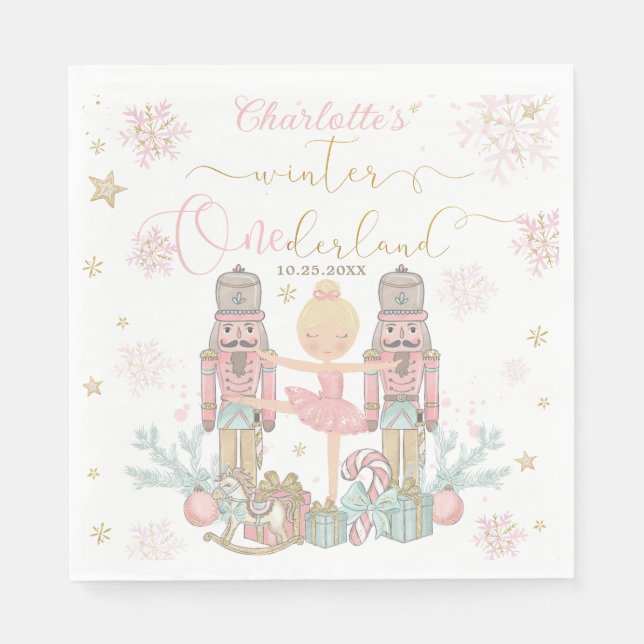 Pink Nutcracker Winter Onederland 1st Birthday Napkins (Front)