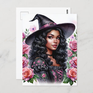 Pink-o-ween Black Girl Bubblegum Witch Postcard