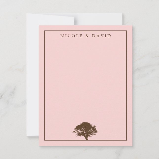 Pink oak tree personalized couple thank you note invitation (Front)