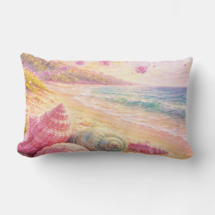 Pink Ocean Beach Shells Flowers Fantasy Landscape Lumbar Pillow