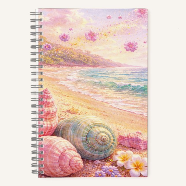 Pink Ocean Beach Shells Flowers Fantasy Landscape Notebook (Front)