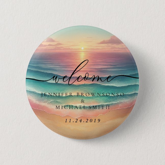 Pink Ocean Beach Signature Boho Welcome sunset Button