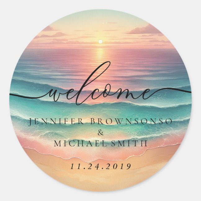 Pink Ocean Beach Signature Boho Welcome Wedding Classic Round Sticker