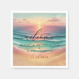 Pink Ocean Beach Signature sunset Welcome Wedding Napkins
