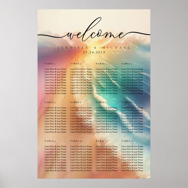 Pink Ocean Beach Summer Party Wedding Table Poster